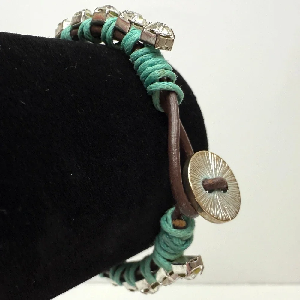 Crystal Rhinestone Bracelet Teal Wrap Button Closure Boho Chic Jewelry 6.5
